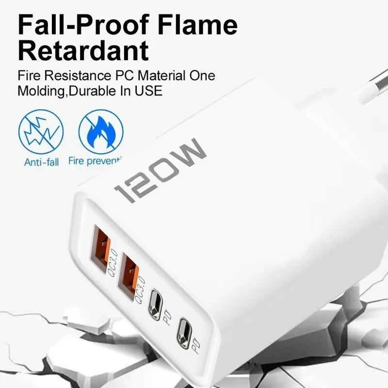 Caricatore rapido (o Adattatore per telefono USB ) a 4 porte da 120 W, con porta USB Tipo-C, e cavo dati di ricarica rapida, compatibile con Samsung, iPhone, Xiaomi e Huawei.