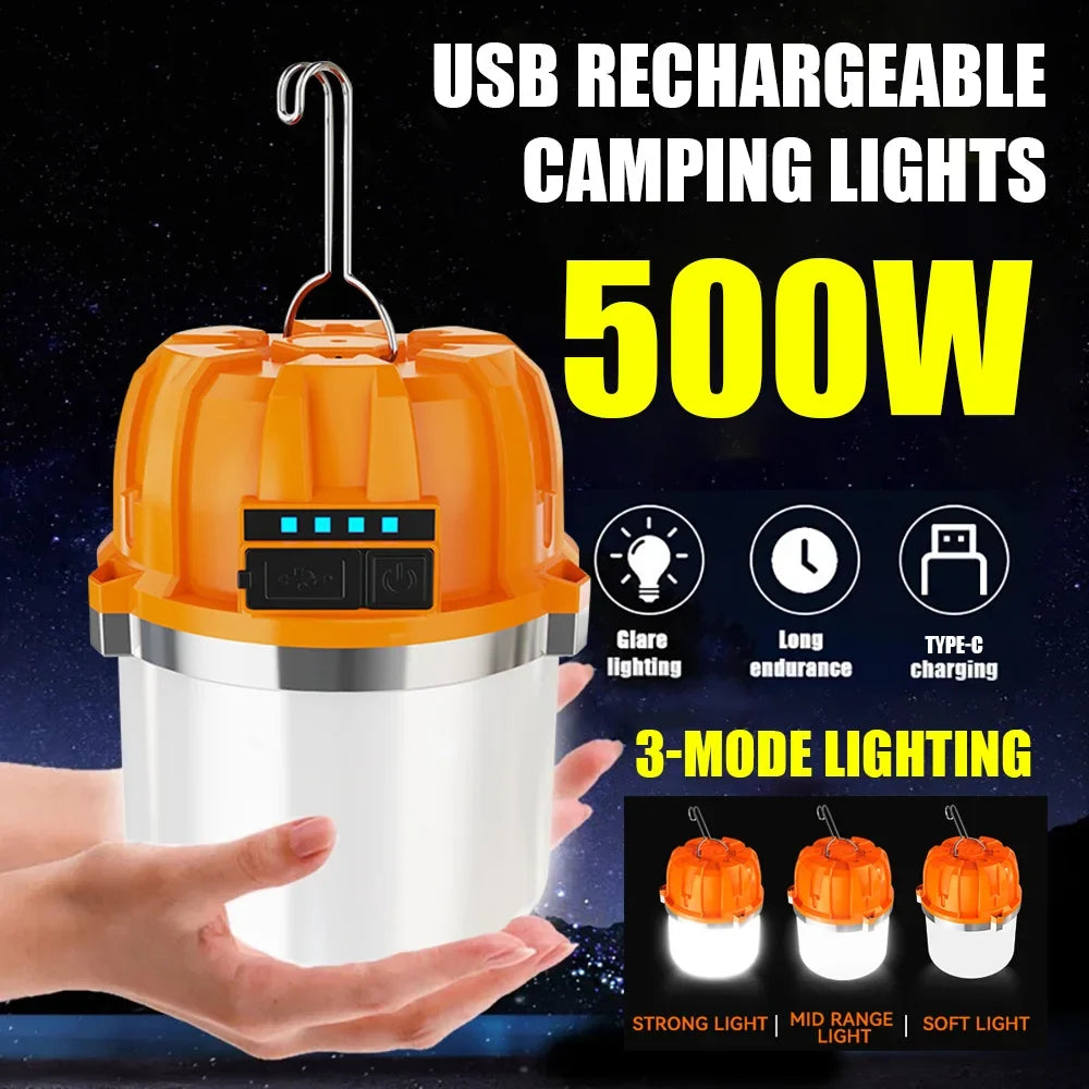 Lanterna LED 500W portatile, ricarica USB, con display carica, lampada d'emergenza per campeggio e pesca.