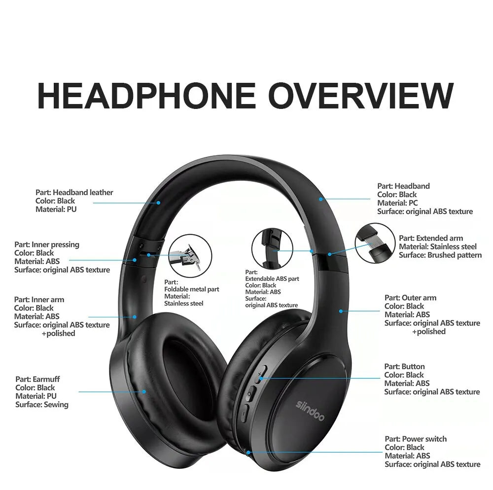 Cuffie Wireless Bluetooth Pieghevoli Siindoo JH919, Auricolari Stereo Super Bass con Riduzione del Rumore e Microfono per Laptop, PC e TV