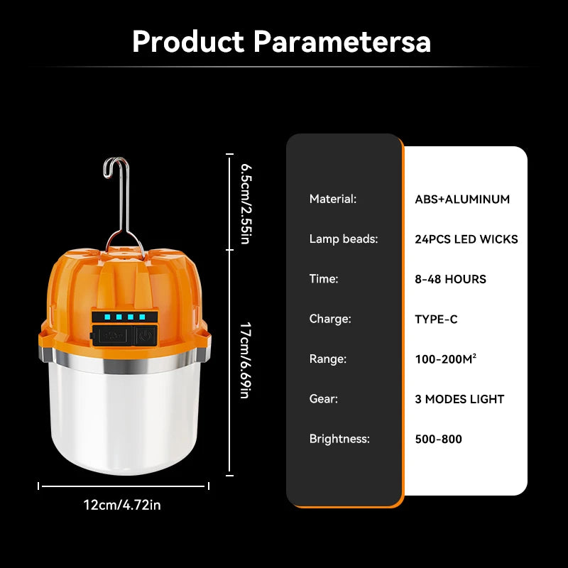 Lanterna LED 500W portatile, ricarica USB, con display carica, lampada d'emergenza per campeggio e pesca.