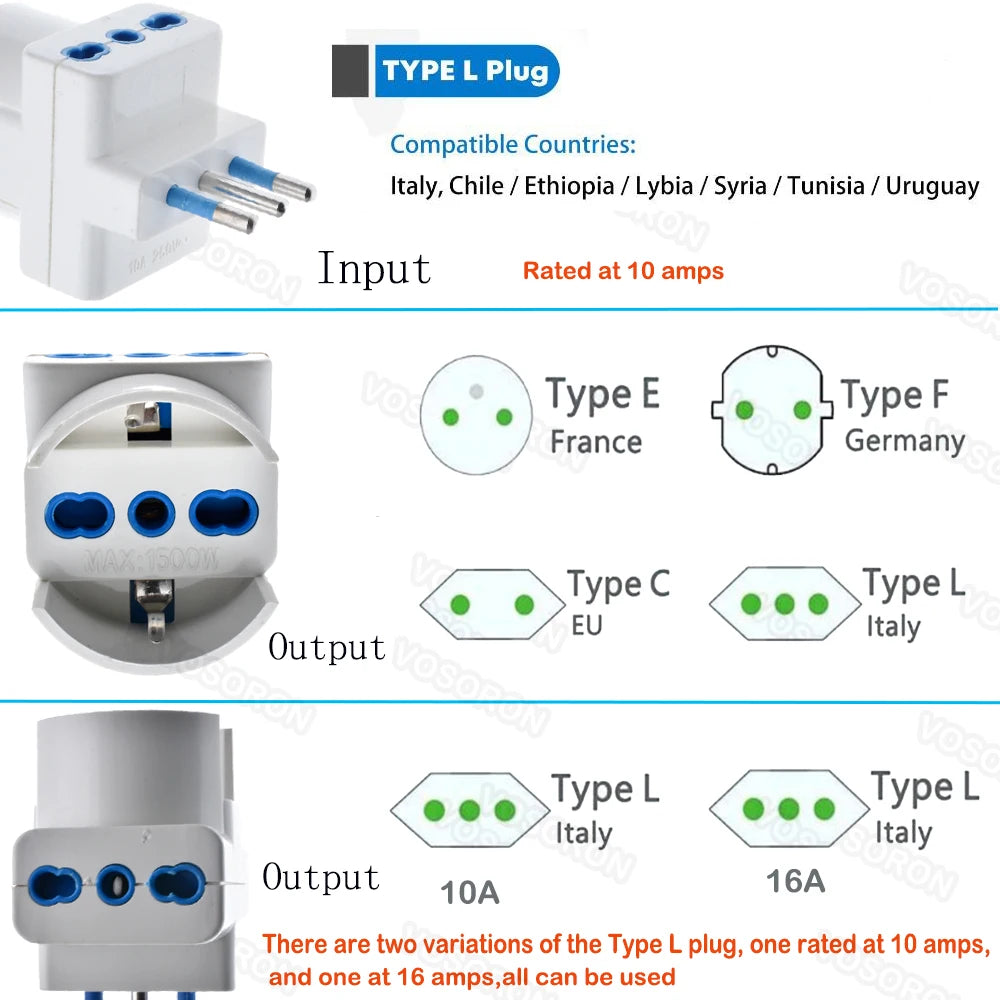 Adattatore da Viaggio per Prese in Italia, Multipresa a 3 Vie, Uscita Multi-Porta Standard Italiano 10A 250V.