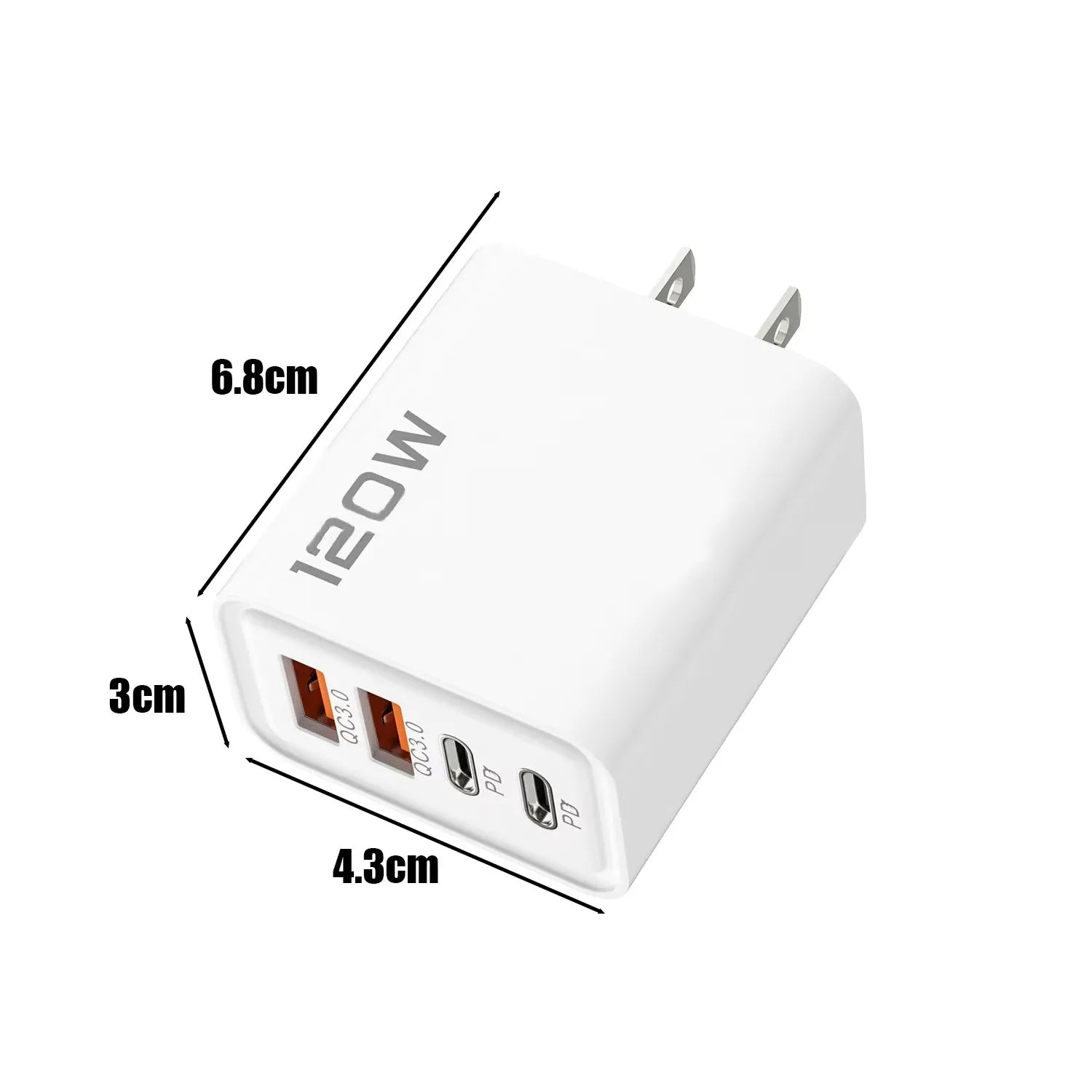 Caricatore rapido (o Adattatore per telefono USB ) a 4 porte da 120 W, con porta USB Tipo-C, e cavo dati di ricarica rapida, compatibile con Samsung, iPhone, Xiaomi e Huawei.