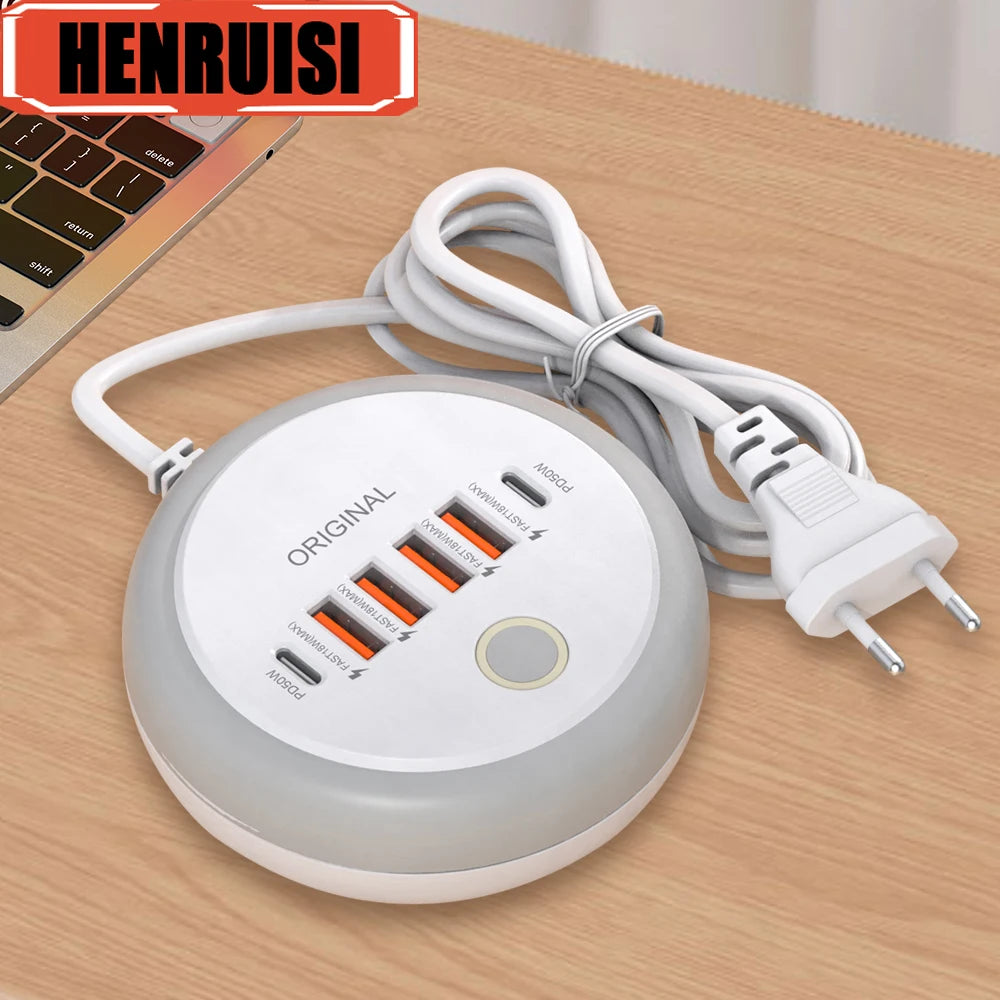 Multipresa/Hub di Ricarica da 50W con Porte Multiple USB-C e Presa Type-C per Ricarica Rapida su Muro. Adattatore USB Veloce per iPhone 12, 13 e Smartphone. ⚡
