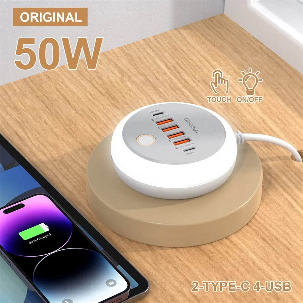 Multipresa/Hub di Ricarica da 50W con Porte Multiple USB-C e Presa Type-C per Ricarica Rapida su Muro. Adattatore USB Veloce per iPhone 12, 13 e Smartphone. ⚡