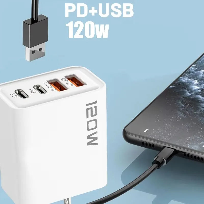 Caricatore rapido (o Adattatore per telefono USB ) a 4 porte da 120 W, con porta USB Tipo-C, e cavo dati di ricarica rapida, compatibile con Samsung, iPhone, Xiaomi e Huawei.