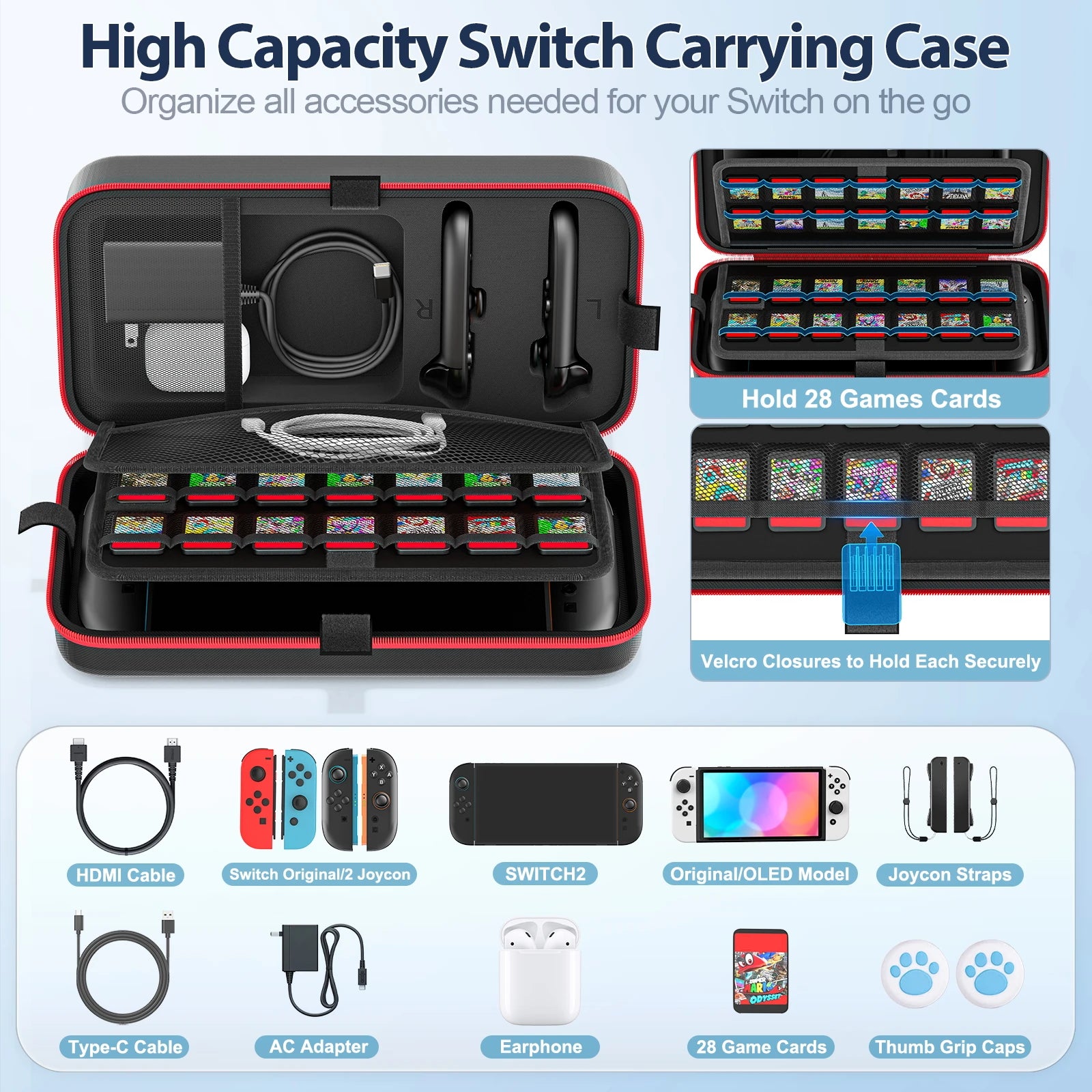 Borsa / Custodia da trasporto da viaggio di grandi dimensioni, anti-graffio e impermeabile, per console Nintendo Switch, Switch Originale e Switch OLED.