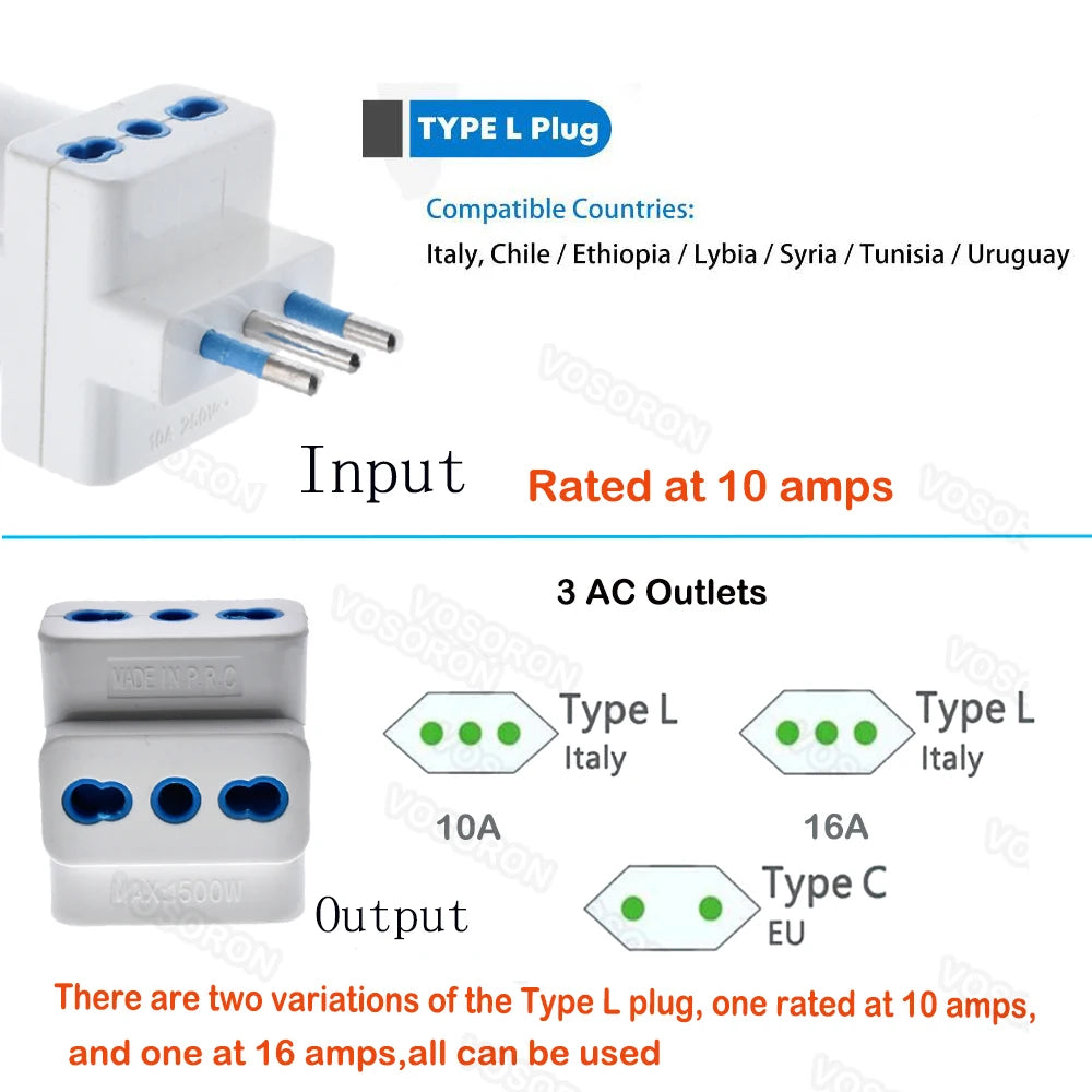 Adattatore da Viaggio per Prese in Italia, Multipresa a 3 Vie, Uscita Multi-Porta Standard Italiano 10A 250V.