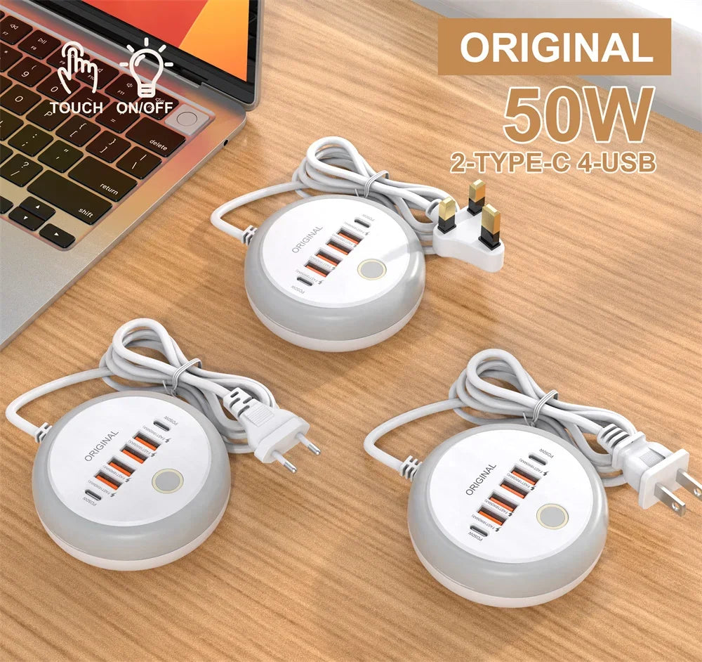 Multipresa/Hub di Ricarica da 50W con Porte Multiple USB-C e Presa Type-C per Ricarica Rapida su Muro. Adattatore USB Veloce per iPhone 12, 13 e Smartphone. ⚡