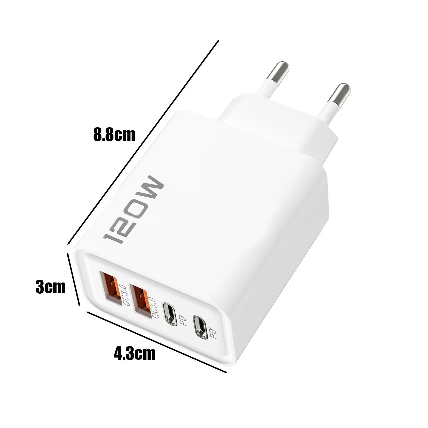 Caricatore rapido (o Adattatore per telefono USB ) a 4 porte da 120 W, con porta USB Tipo-C, e cavo dati di ricarica rapida, compatibile con Samsung, iPhone, Xiaomi e Huawei.