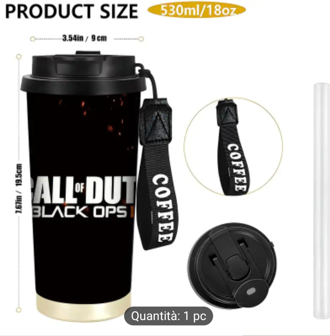 Tazza Termica in Acciaio Inossidabile da 18oz con Cannuccia - Doppia Parete Sottovuoto Isolata Senza BPA, Design Grafico di Black Ops III,