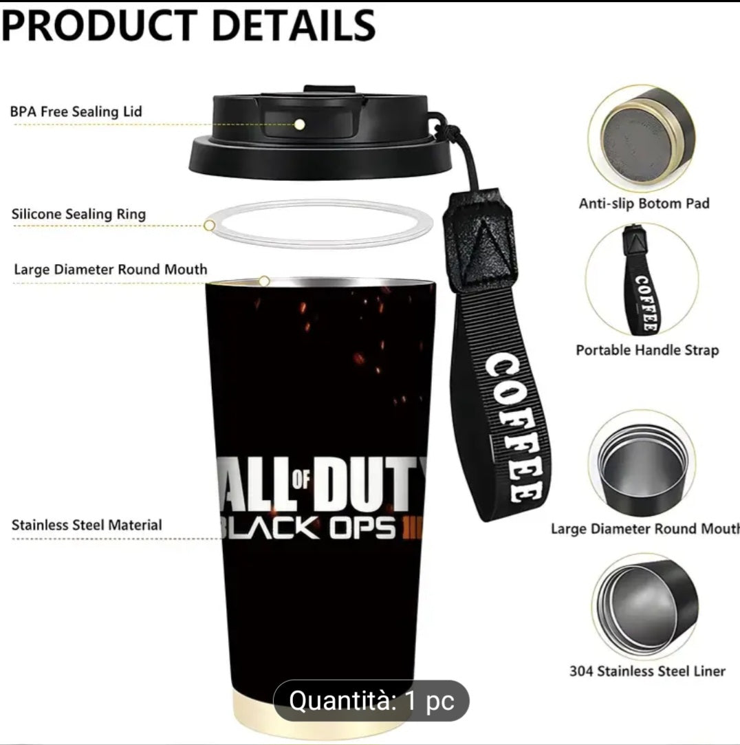 Tazza Termica in Acciaio Inossidabile da 18oz con Cannuccia - Doppia Parete Sottovuoto Isolata Senza BPA, Design Grafico di Black Ops III,
