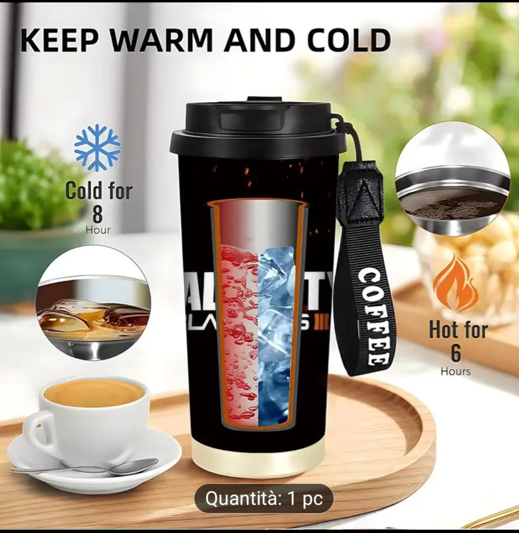 Tazza Termica in Acciaio Inossidabile da 18oz con Cannuccia - Doppia Parete Sottovuoto Isolata Senza BPA, Design Grafico di Black Ops III,