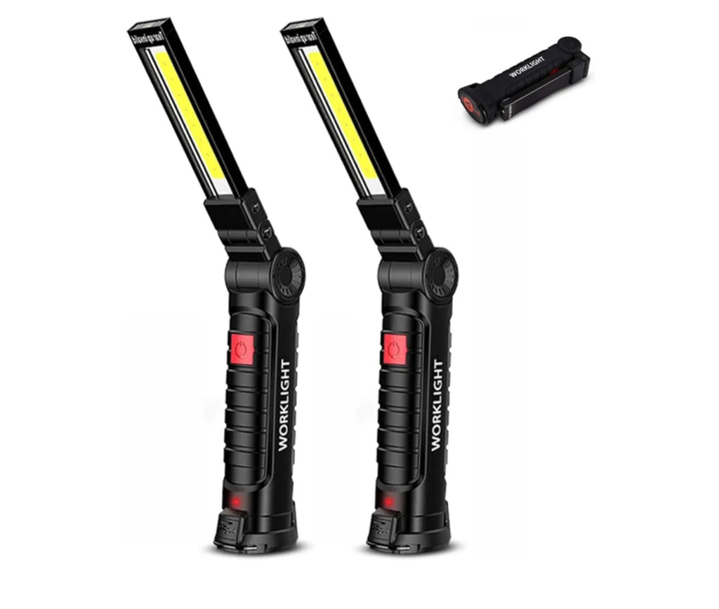 Lampade da Lavoro LED Ricaricabili – Confezione da 2, Base Magnetica, COB LED 360°, 5 Modalità, IP44 Impermeabile, Torcia Portatile per Lavoro, Fai-da-te, Campeggio, Auto (Confezione da 2)