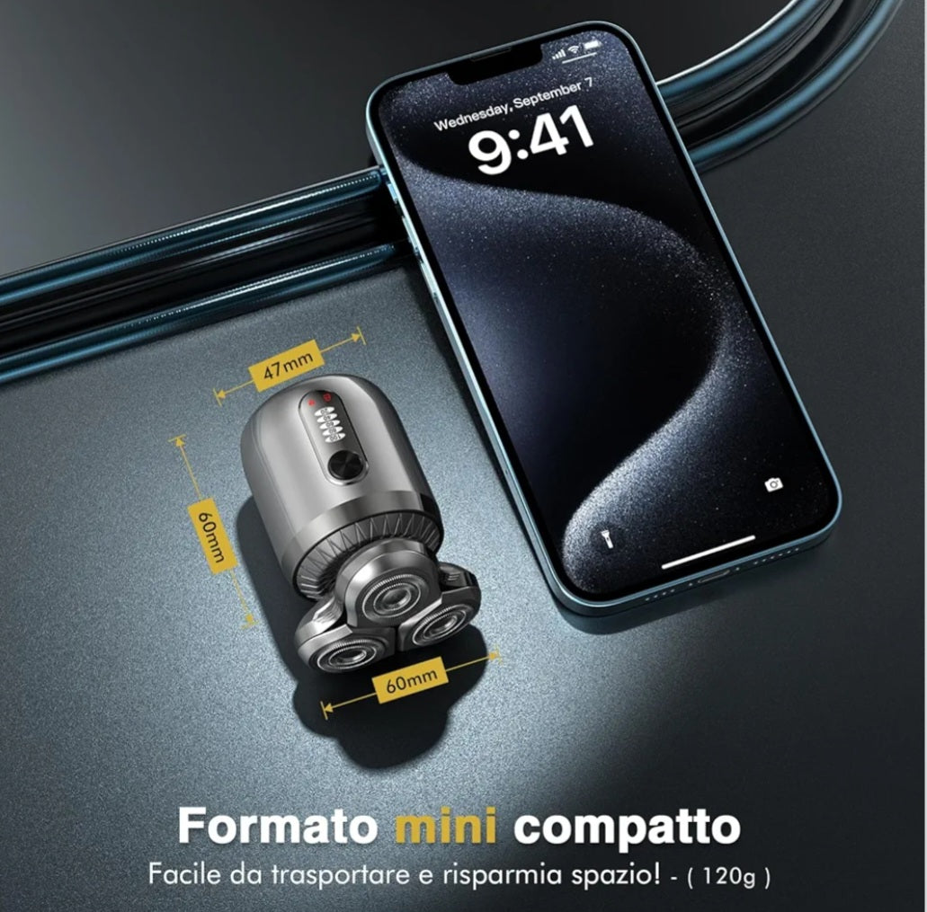 Mini Rasoio Elettrico Uomo - Tagliabarba 3D Testine Rotanti- Rasoio Elettrico Barba -Utilizzo a Secco e Bagnato con Base Ricaricabile e 3 Accessori di precisione.