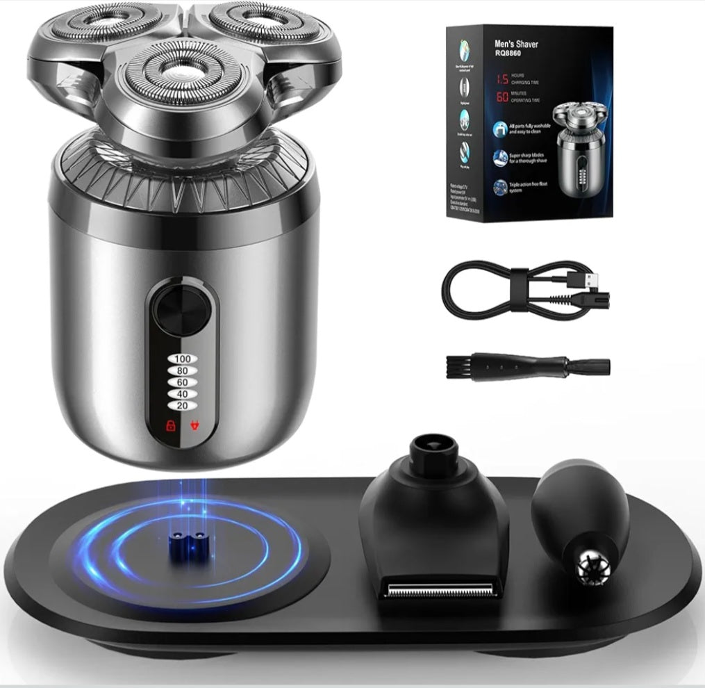 Mini Rasoio Elettrico Uomo - Tagliabarba 3D Testine Rotanti- Rasoio Elettrico Barba -Utilizzo a Secco e Bagnato con Base Ricaricabile e 3 Accessori di precisione.