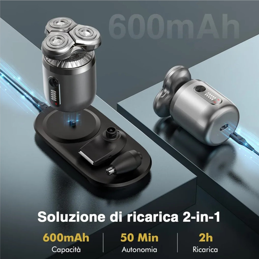 Mini Rasoio Elettrico Uomo - Tagliabarba 3D Testine Rotanti- Rasoio Elettrico Barba -Utilizzo a Secco e Bagnato con Base Ricaricabile e 3 Accessori di precisione.