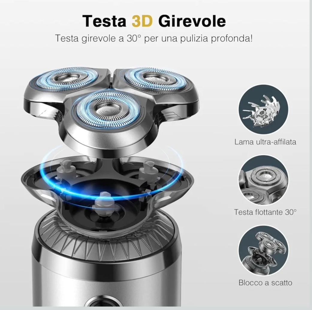 Mini Rasoio Elettrico Uomo - Tagliabarba 3D Testine Rotanti- Rasoio Elettrico Barba -Utilizzo a Secco e Bagnato con Base Ricaricabile e 3 Accessori di precisione.