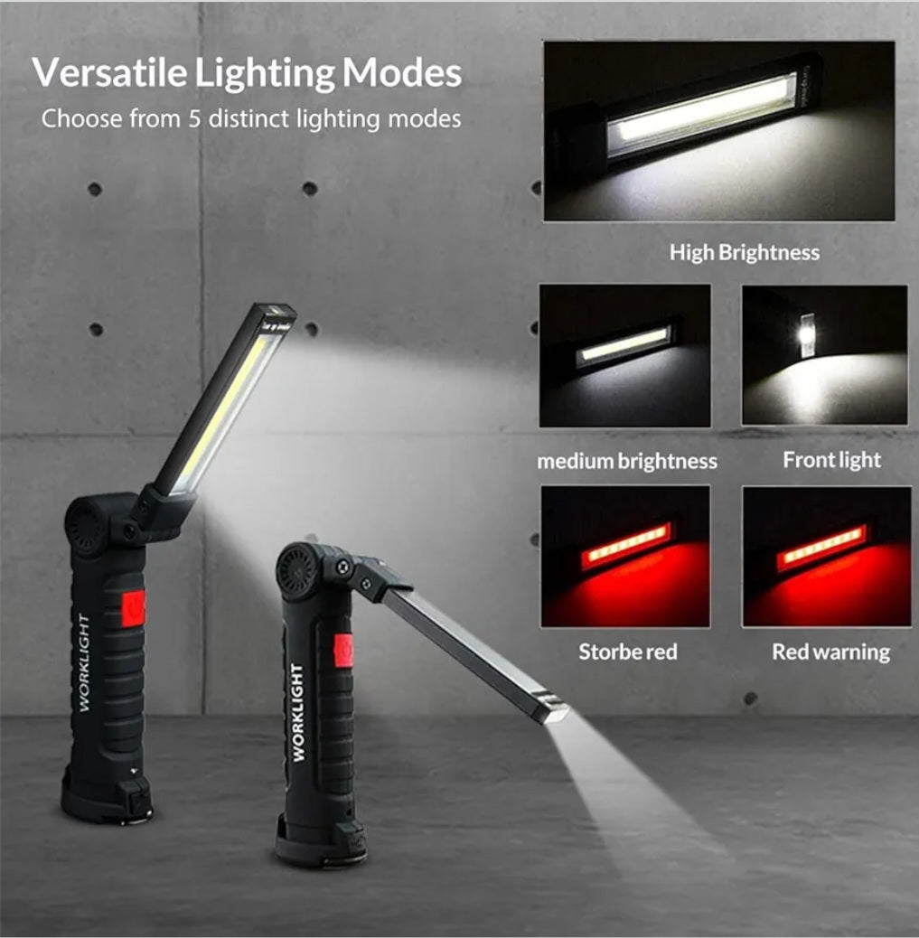 Lampade da Lavoro LED Ricaricabili – Confezione da 2, Base Magnetica, COB LED 360°, 5 Modalità, IP44 Impermeabile, Torcia Portatile per Lavoro, Fai-da-te, Campeggio, Auto (Confezione da 2)